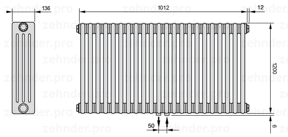Схема (чертеж) Радиатор Zehnder Charleston 4120/22 №5410 Белый глянцевый RAL 9016